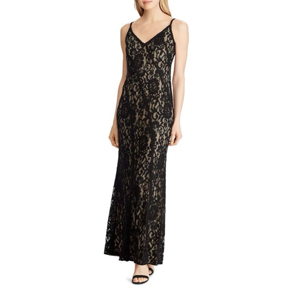 Lauren Ralph Lauren Black Floral Lace Floor Length Gown Women Sz 8 NWT